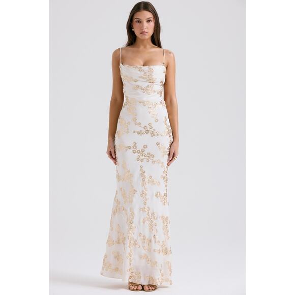 House of CB Dresses & Skirts - House of CB Capriana white & gold jacquard satin gown